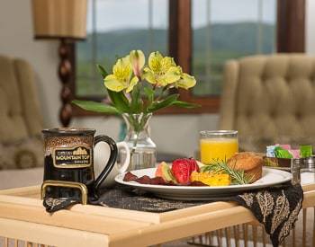 NIce tray sitting on the bed with breakfast, Lucilles coffee mug and fresh yellow flowers in a clear vase and of course a glass of orange juice.